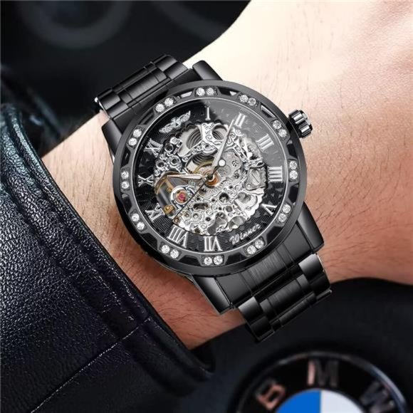Retro Manual Mechanical Skeleton Watch with Diamond& Carving Flower, BlackSilver - Picture 3 of 6